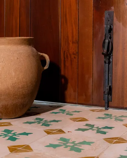 Carreaux de ciment anciens verts et ocre devant une porte de bois